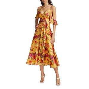 THEIA Floral Cold Shoulder Charmeuse Midi Dress 8 Marigold Yellow Ruffle $550